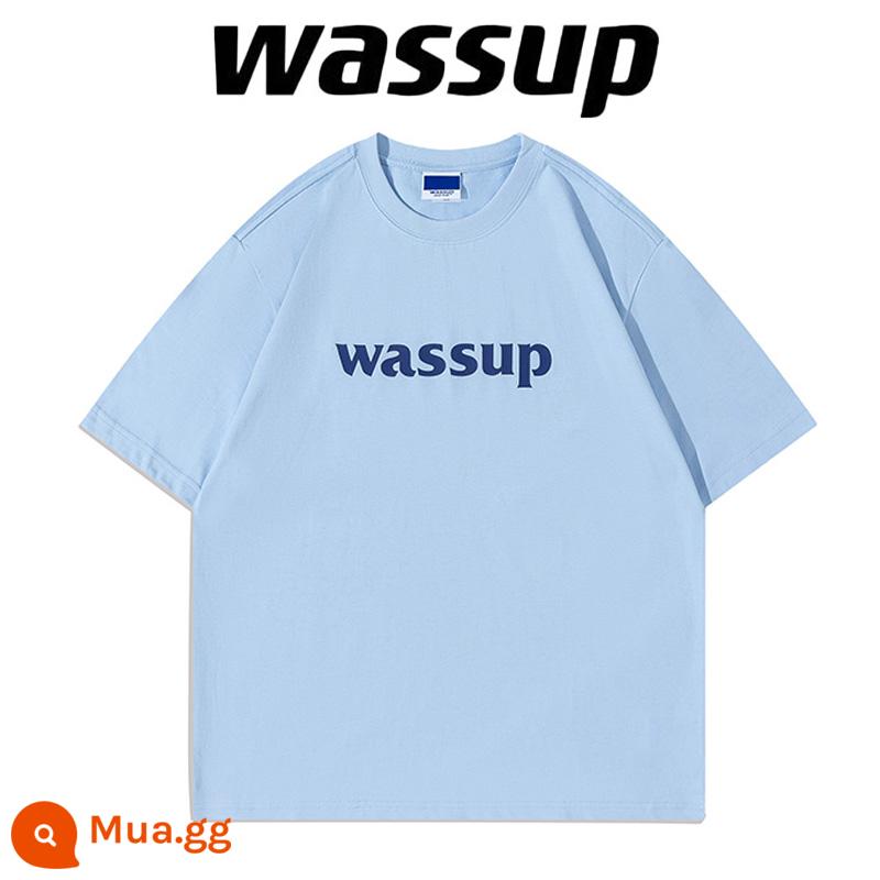 Nặng 260 gram WASSUP hàng đầu cửa hàng Guochao đích thực áo thun ngắn tay cotton mùa hè rời cặp đôi nam nữ - trời xanh