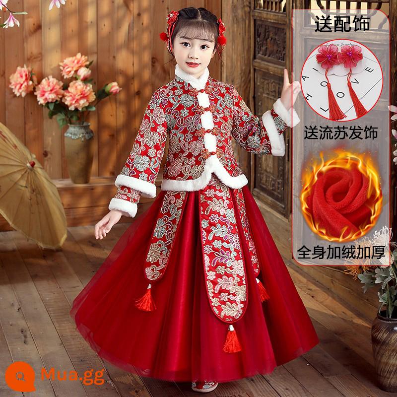 Bé gái Hanfu Tết Nguyên đán Quần áo mùa đông phong cách Trung Quốc Bộ đồ trẻ em mùa đông Quần áo Tết Quần áo Tết Đường phù hợp dày 2022 mới - 8942 red plus nhung [phụ kiện tóc tua rua miễn phí]