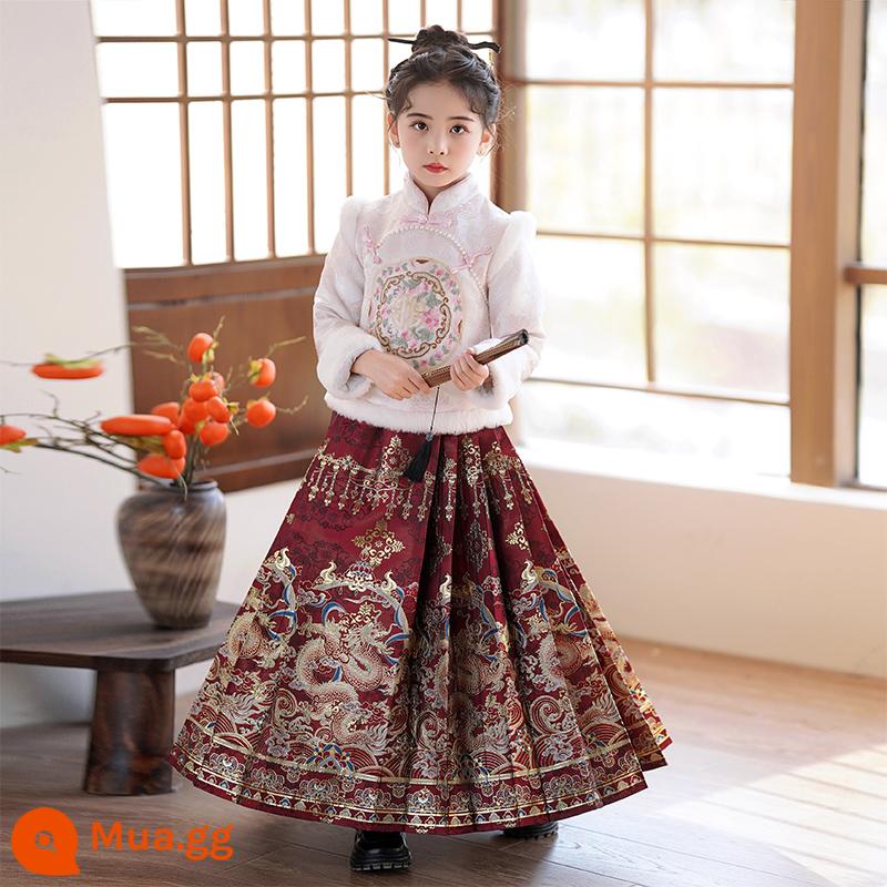 Bé Gái Hanfu Mặt Ngựa Bộ Đồ Váy Mùa Đông 2023 Mới Cho Bé Gái Phong Cách Thu Đông Plus Nhung Trẻ Em Phong Cách Trung Hoa Quần Áo Năm Mới - Áo 2981 + váy ngựa nhung gấm 3011