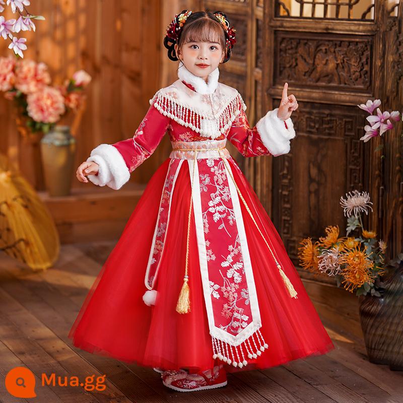 Hanfu bé gái Quần áo năm mới Trang phục cổ phong cách Trung Quốc mùa đông Bộ đồ trẻ em năm mới Bộ đồ nhà Đường Chúc mừng năm mới Quần áo mùa đông dày dặn của bé gái - A530 màu đỏ cộng với nhung và dày [phụ kiện tóc tua rua miễn phí]