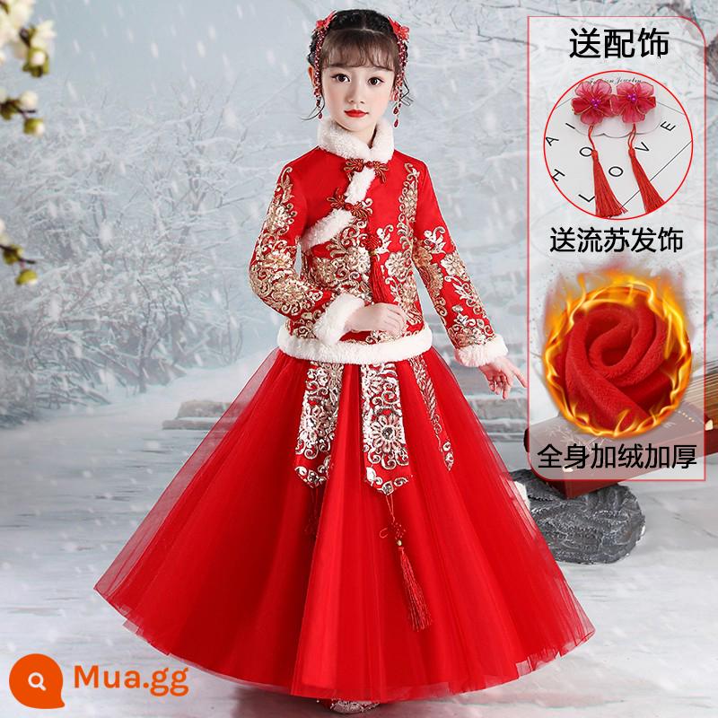 Hanfu bé gái Quần áo năm mới Trang phục cổ phong cách Trung Quốc mùa đông Bộ đồ trẻ em năm mới Bộ đồ nhà Đường Chúc mừng năm mới Quần áo mùa đông dày dặn của bé gái - Nhung đỏ và dày [phụ kiện tóc tua rua miễn phí]