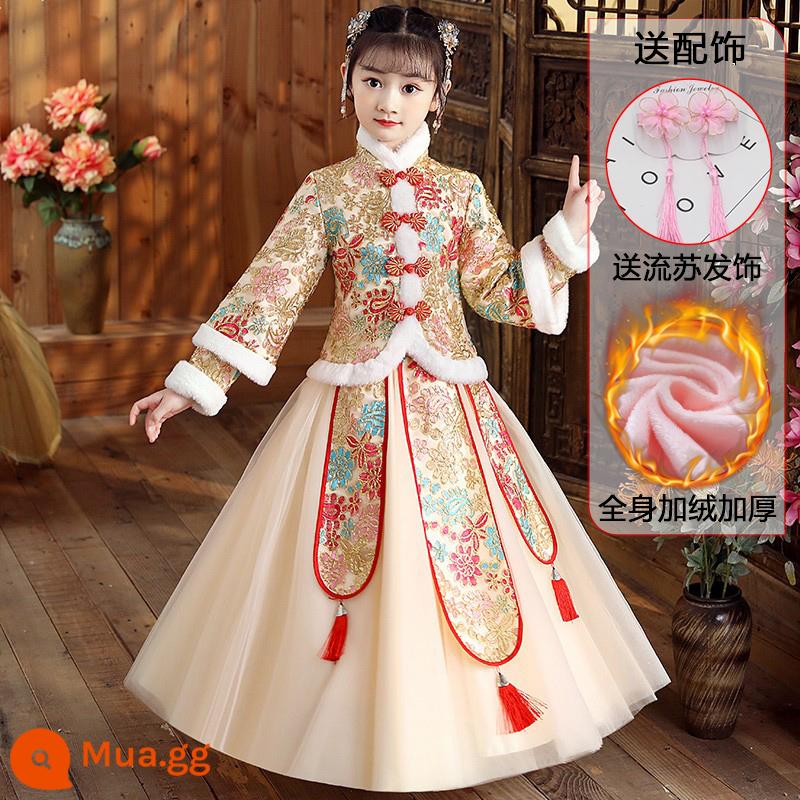 Hanfu bé gái Quần áo năm mới Trang phục cổ phong cách Trung Quốc mùa đông Bộ đồ trẻ em năm mới Bộ đồ nhà Đường Chúc mừng năm mới Quần áo mùa đông dày dặn của bé gái - 8943 Champagne cộng với nhung và dày [phụ kiện tóc tua rua miễn phí]