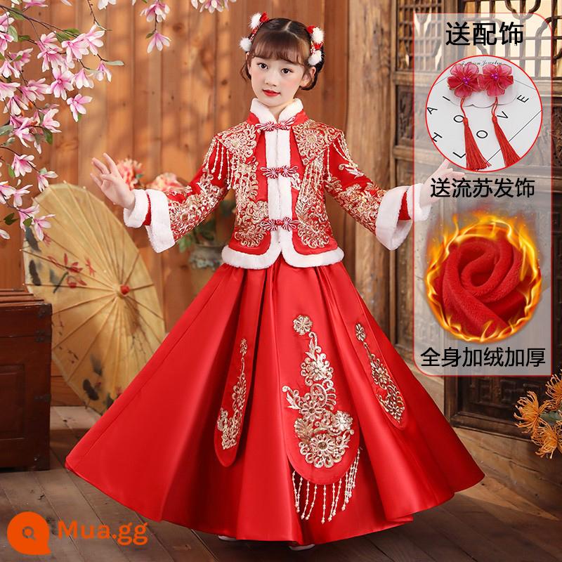 Hanfu bé gái Quần áo năm mới Trang phục cổ phong cách Trung Quốc mùa đông Bộ đồ trẻ em năm mới Bộ đồ nhà Đường Chúc mừng năm mới Quần áo mùa đông dày dặn của bé gái - A472 màu đỏ cộng với nhung và dày [phụ kiện tóc tua rua miễn phí]