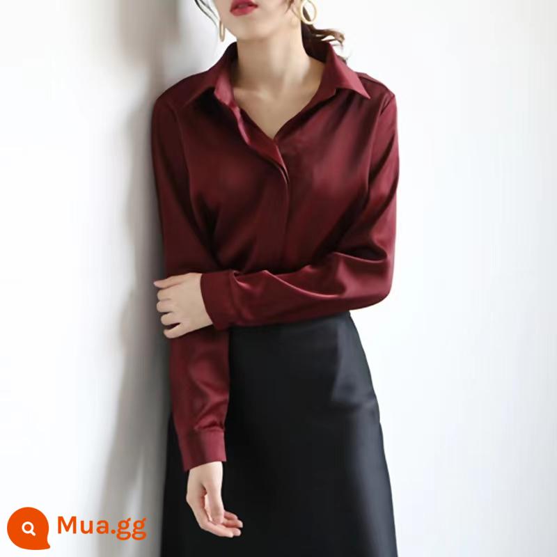 Sơ mi lụa satin cao cấp dài tay cardigan nữ mùa xuân và mùa thu mới cổ áo POLO khí chất sơ mi rời đơn giản - Bỏ rơi