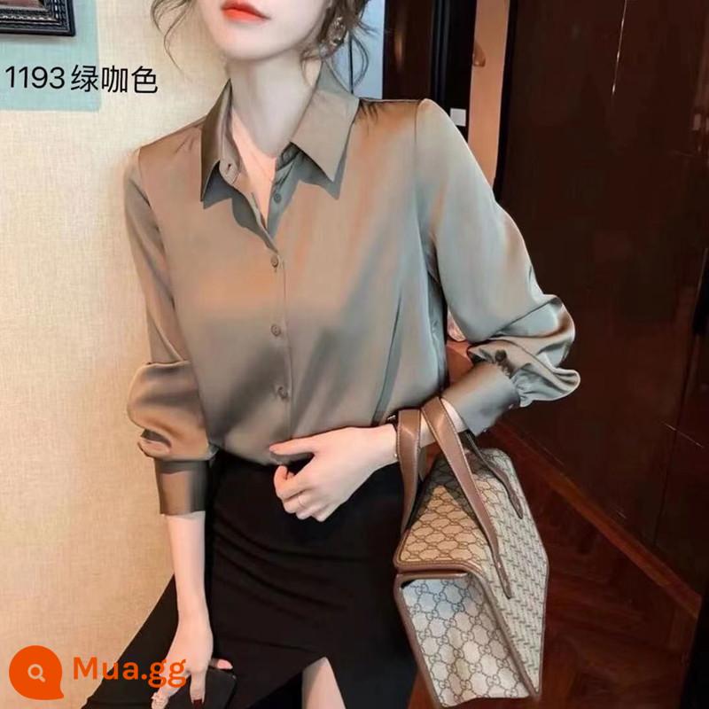 Sơ mi lụa satin cao cấp dài tay cardigan nữ mùa xuân và mùa thu mới cổ áo POLO khí chất sơ mi rời đơn giản - màu cà phê xanh