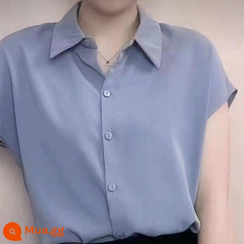 Sơ mi lụa satin cao cấp dài tay cardigan nữ mùa xuân và mùa thu mới cổ áo POLO khí chất sơ mi rời đơn giản - Tay áo ngắn - màu xanh khói