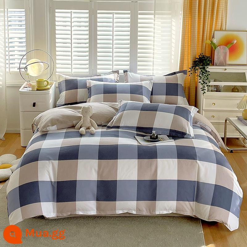 Ins cotton nguyên chất 4 mảnh 100 cotton chăn ga gối nữ ga trải giường 1.8 đơn và đôi vỏ chăn Bộ 4 chà nhám - Ca rô lớn màu xanh và trắng