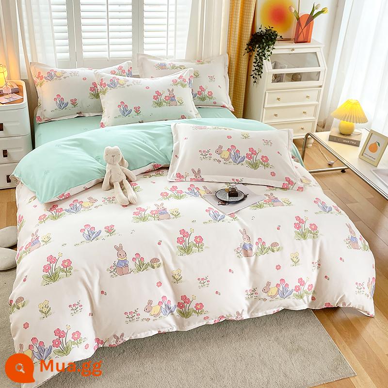 Ins cotton nguyên chất 4 mảnh 100 cotton chăn ga gối nữ ga trải giường 1.8 đơn và đôi vỏ chăn Bộ 4 chà nhám - thỏ vườn