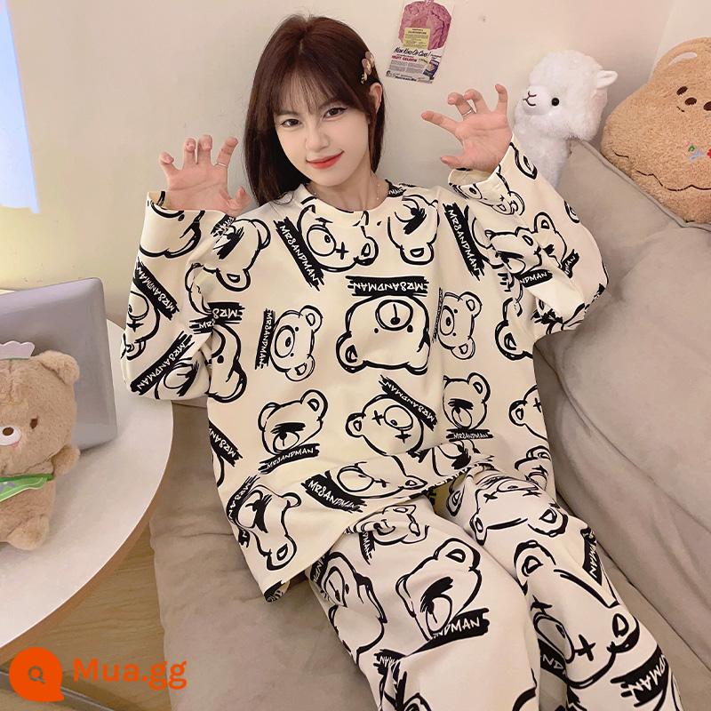 Quần dài dài tay Bộ đồ ngủ cho nữ xuân thu cotton nguyên chất phong cách người nổi tiếng trên mạng mùa thu đông phong cách nữ tính dễ thương quần áo ở nhà 2023 phong cách mới - LX-81040