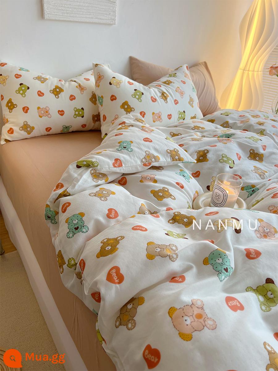 Vô cùng dễ thương｜Bộ 4 món vải cotton hai lớp màu hồng mềm mại, dễ thương cho bộ chăn ga gối ngủ hoạt hình dành cho trẻ em 1,5m tấm vừa vặn - Sợi hai lớp—Jenny WM