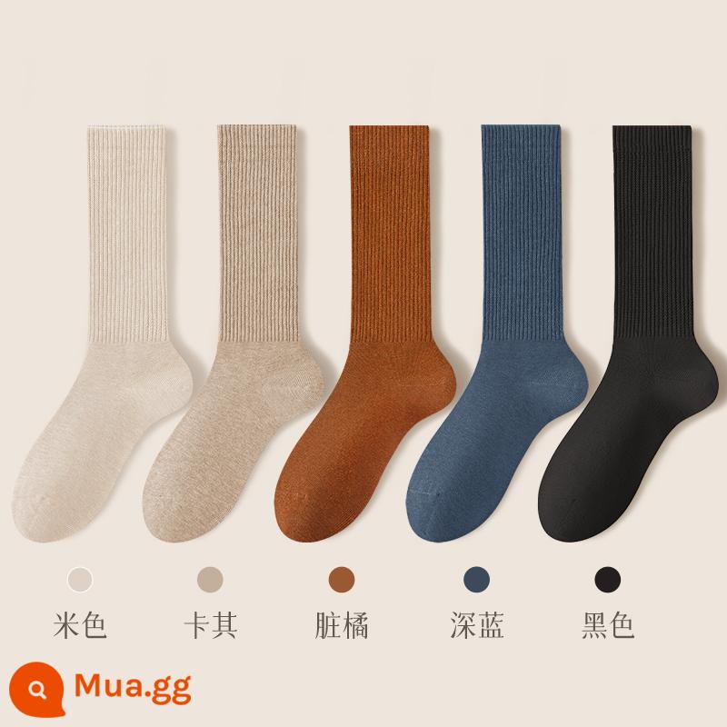 Vớ nữ ống giữa mùa thu đông vớ cotton nguyên chất kháng khuẩn khử mùi thấm hút mồ hôi ống dài vớ cotton dày màu đen vớ nữ mùa thu đông - Kết hợp hai mươi bảy (be + kaki + cam bẩn + xanh đậm + đen)