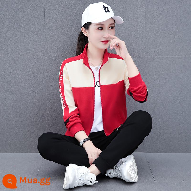 Cardigan phong cách phương Tây trang phục thể thao phù hợp với nữ thời trang mùa xuân và mùa thu 2023 Áo thun dày rộng nhảy múa giản dị chạy ba mảnh phù hợp với - Màu đỏ (bộ hai mảnh)