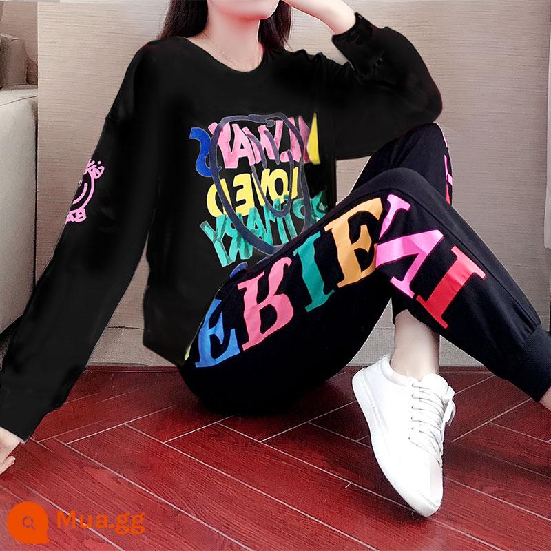 Thời Trang Hip-Hop Bộ Đồ Thể Thao Nữ Xuân Thu 2023 Áo Len Quần Âu Dáng Rộng Phong Cách Hợp Thời Trang Giảm Tuổi - Áo thun cotton dày màu đen + quần đen [mỏng xuân thu]