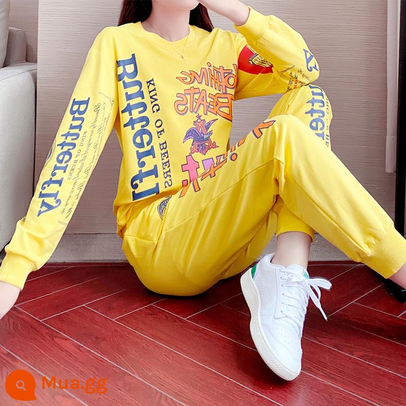 Hip -hop Sportswear Set Nữ 2022 Spring and Autumn Tide Giảm thời trang áo len lỏng lẻo, hai bộ trường học mỏng - Áo thun cotton dày màu vàng + quần màu vàng