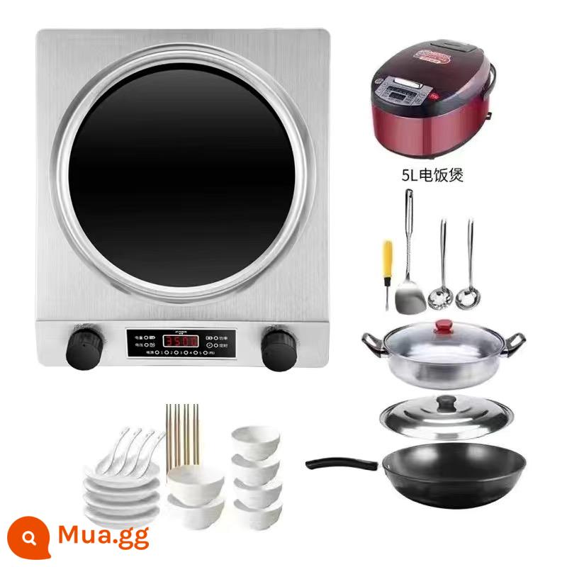 Bếp cảm ứng lõm bán cầu gia đình 3500W công suất cao nóng và xào đa năng bếp pin đa năng bếp lõm - [Lõm Bạc] Bộ 3 Bếp Điện Từ 3500W + Bát, Đũa + Nồi Cơm