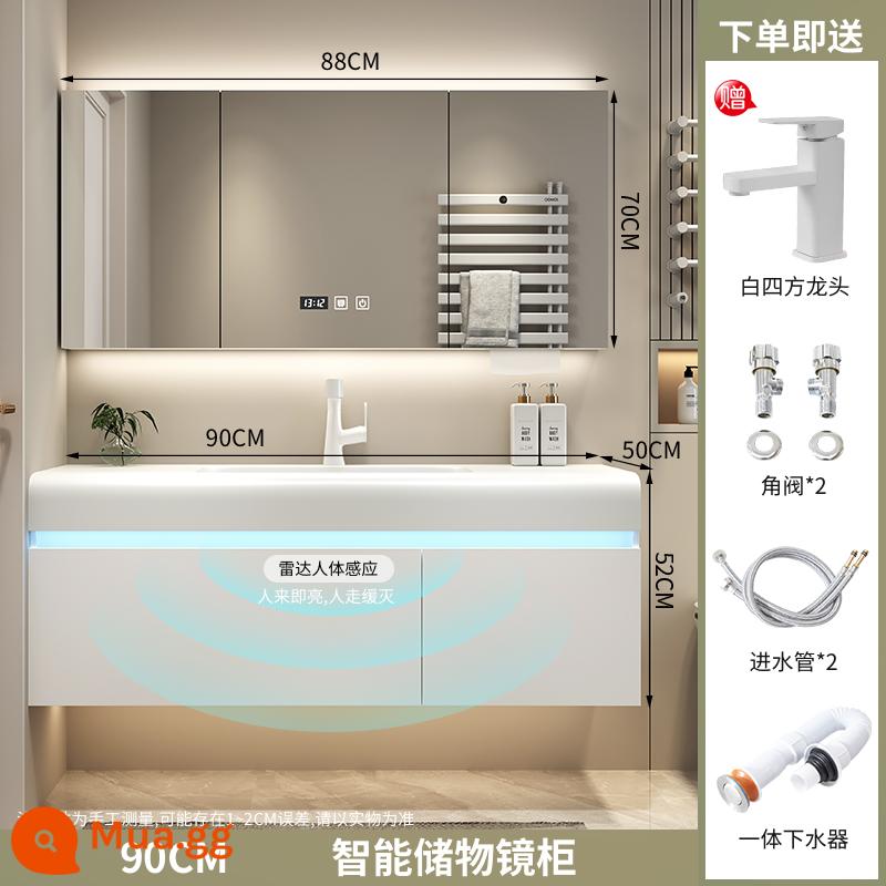 Tủ phòng tắm thông minh Đèn Corian phong cách sang trọng kết hợp phòng bột tích hợp chậu rửa chậu rửa tủ phòng bột - Chậu tích hợp phù hợp với làn da 90cm + tủ gương thông minh có đèn nền