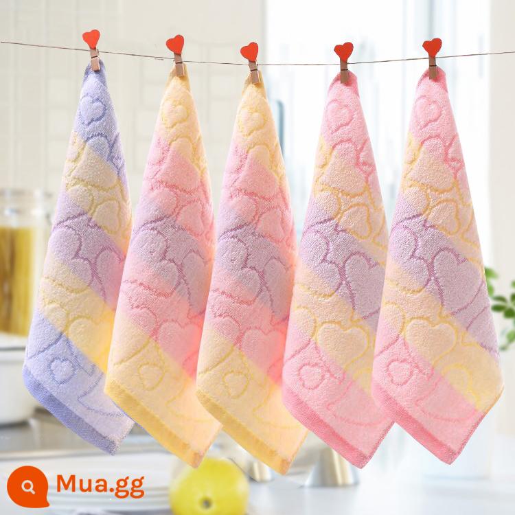 Khăn nhỏ cotton nguyên chất khăn mặt hộ gia đình người lớn khăn lau tay cho bé mẫu giáo khăn vuông mềm thấm nước bọt khăn - [5 gói] Kiểu trái tim 2 hồng + 2 vàng + 1 xanh