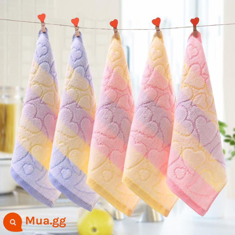 Khăn nhỏ cotton nguyên chất khăn mặt hộ gia đình người lớn khăn lau tay cho bé mẫu giáo khăn vuông mềm thấm nước bọt khăn - [5 gói] Kiểu trái tim 2 xanh + 2 vàng + 1 hồng