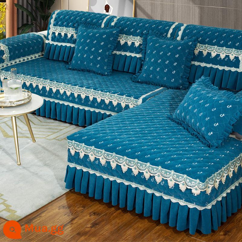 Sofa Đệm Bốn Mùa Đa Năng Phong Cách Bắc Âu Chống Trơn Trượt Dày Ghế Sofa Bao Gồm Tất Cả Đa Năng Bộ Ghế Dài Tùy Chỉnh - Lông cừu em bé màu xanh hoàng gia