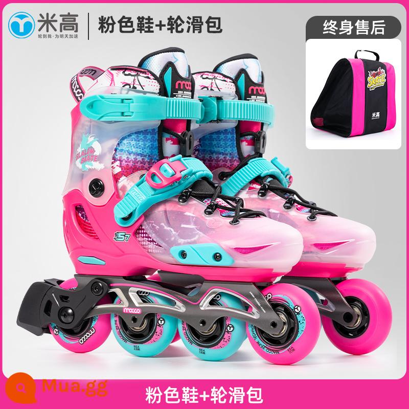 MI Gao chuyên nghiệp Trẻ em Skate Skate Skate Fancy Skates Skate Skates Floating Flower Shoes Wheel Wheel Wheel Row Wheel S7 - Giày thi đấu màu hồng và túi trượt patin