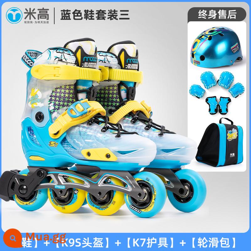 MI Gao chuyên nghiệp Trẻ em Skate Skate Skate Fancy Skates Skate Skates Floating Flower Shoes Wheel Wheel Wheel Row Wheel S7 - Bộ đồ màu xanh sự kiện 3 (Mũ bảo hiểm K9S + Bộ bảo vệ K7)