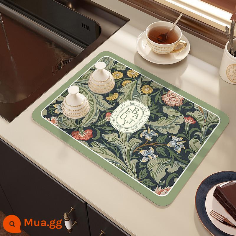 Mặt bàn bếp thoát nước bùn tảo cát thấm mát pad để bàn bộ đồ ăn khô pad coaster rửa bàn trà thanh mat - Mẫu dày-Kính hoa địa đàng