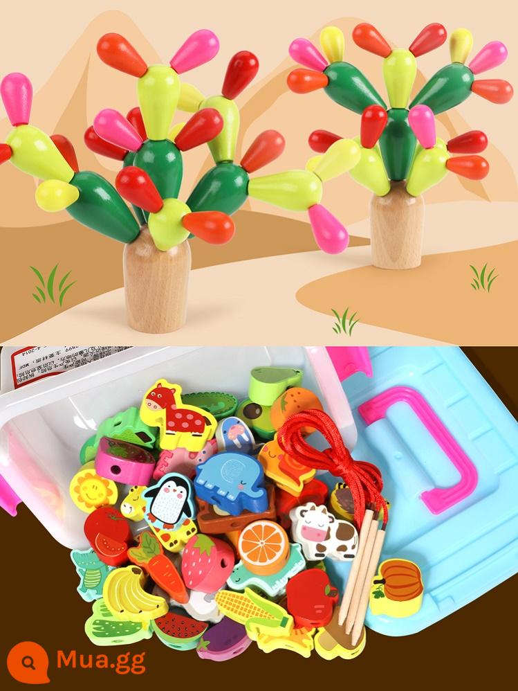 Gỗ xương rồng xương rồng chính tả chèn khối xây dựng Montessori giáo dục sớm xếp hình rèn luyện tư duy đồ chơi trẻ em 1-2 tuổi 3 bé - Khối lắp ráp xương rồng + 42 khối xây dựng hình động vật và trái cây