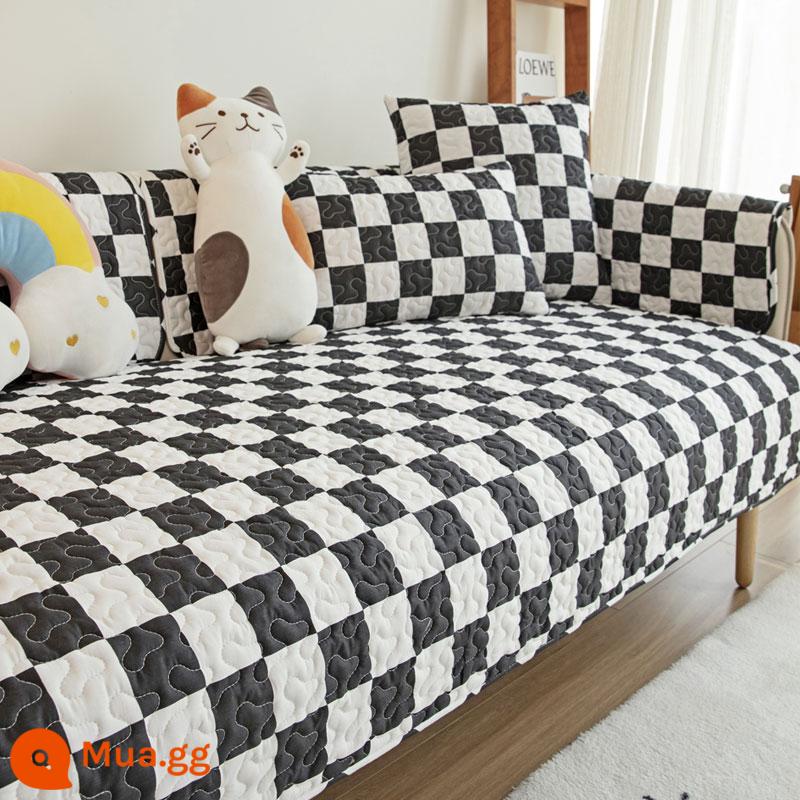 Giá Đặc Biệt Giải Phóng Mặt Bằng Vải Cotton Nguyên Chất Sofa Đệm Chống Trơn Trượt Bắc Âu Đơn Giản Bốn Mùa Đa Năng Đệm Sofa Cotton Khăn - Lưới đen trắng