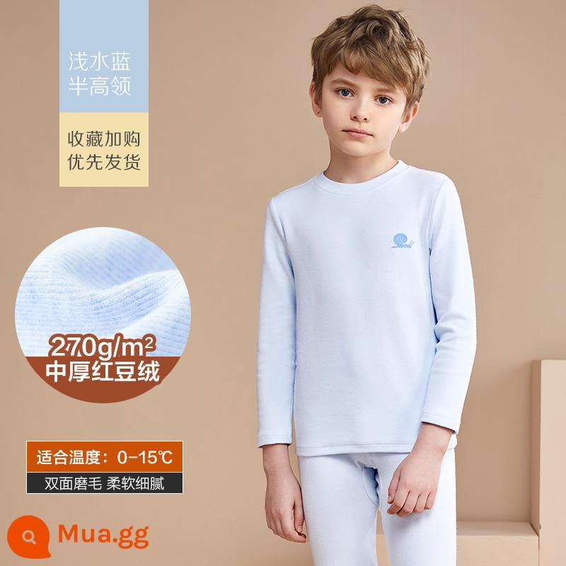 Bộ quần áo mùa thu nhung đậu đỏ và quần vệ sinh trẻ em nguyên chất cotton dày dặn cho bé trai và bé gái Áo len cotton sưởi ấm quần - CN651 Bé Trai - Xanh Aqua Nhạt (Cổ Áo Nửa Rùa) [Chải hai mặt dày vừa phải 270g/㎡] Phù hợp với nhiệt độ -2-15°C