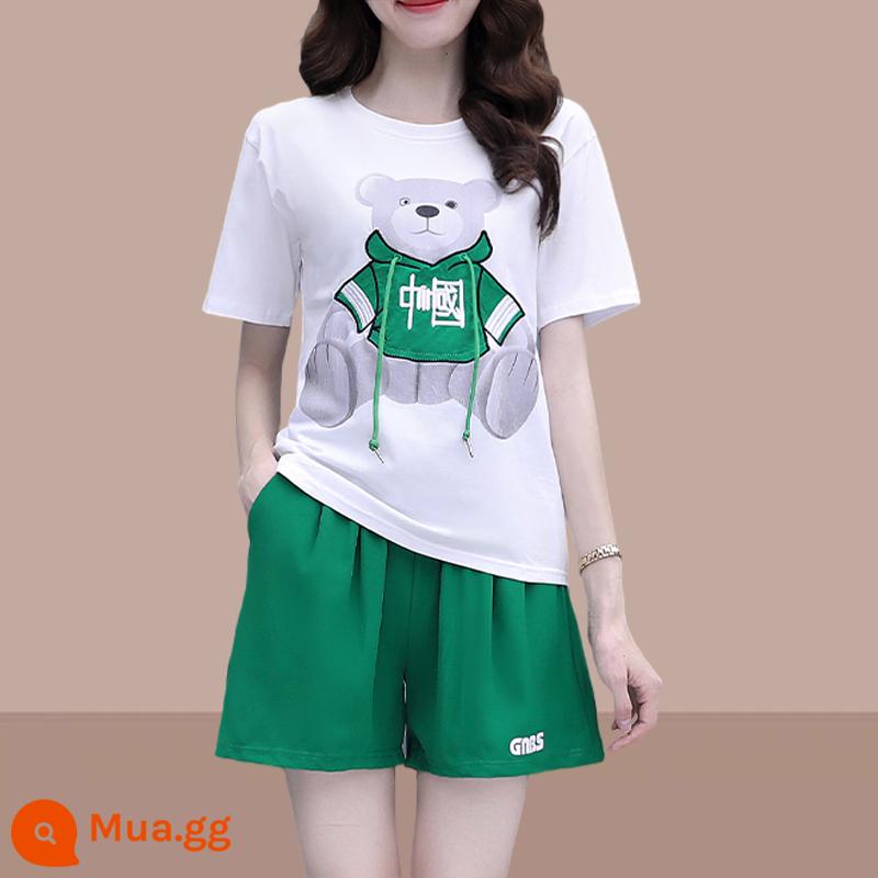 Bộ đồ ngắn tay bằng cotton mùa hè 2023 kiểu dáng rộng mới của Hàn Quốc áo thun phù hợp với tất cả các trận đấu quần short bộ hai món đồ thể thao - bộ đồ màu xanh lá cây