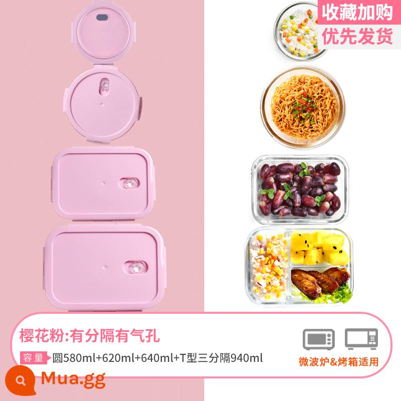 Hộp giữ tươi Hộp cơm thủy tinh ngăn cách Hộp cơm bento chịu nhiệt lò vi sóng Tô chuyên dụng có nắp hộp cơm kín văn phòng nhân viên văn phòng - Hồng dài 1040 ba vách ngăn + 640 + tròn 620 + 580