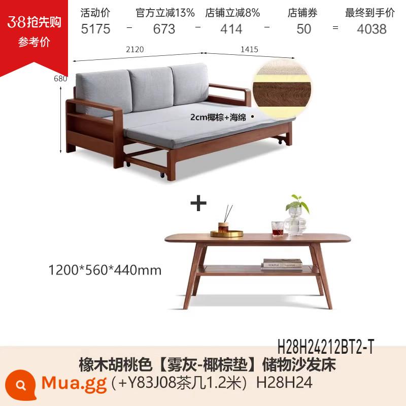 Genji Muyu tất cả các giường sofa gỗ nguyên khối gấp đôi sử dụng đơn giản, hiện đại đa chức năng có thể thu vào giường sofa lưu trữ phòng khách - Gỗ óc chó màu sồi 2,12m (thảm dừa/xám mờ) + Bàn cà phê 1,2m (Y83J08) H28H24