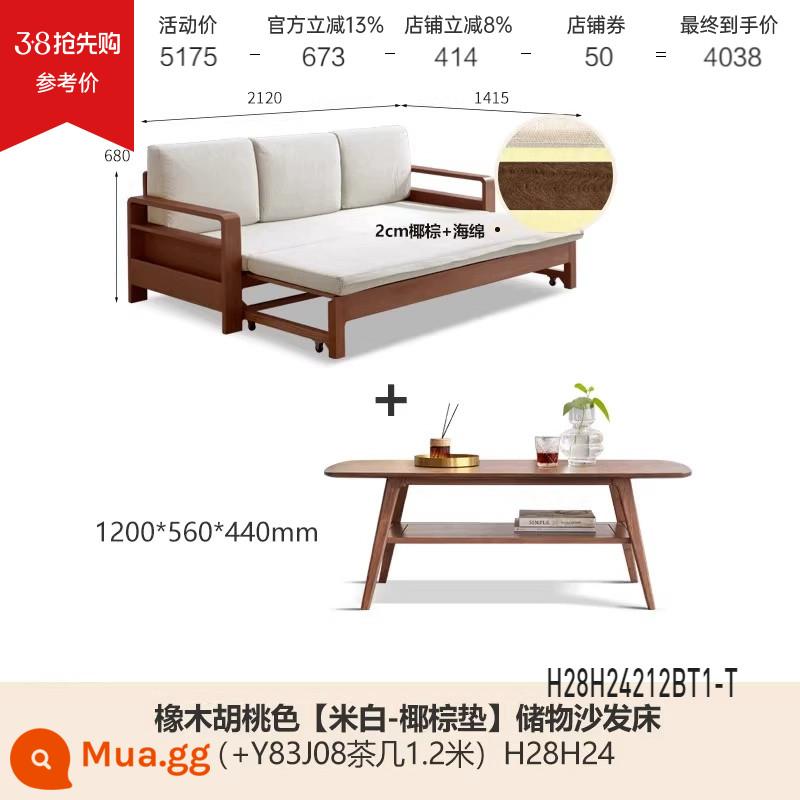 Genji Muyu tất cả các giường sofa gỗ nguyên khối gấp đôi sử dụng đơn giản, hiện đại đa chức năng có thể thu vào giường sofa lưu trữ phòng khách - Gỗ sồi màu óc chó 2,12m (thảm dừa/trắng nhạt) + Bàn cà phê 1,2m (Y83J08) H28H24