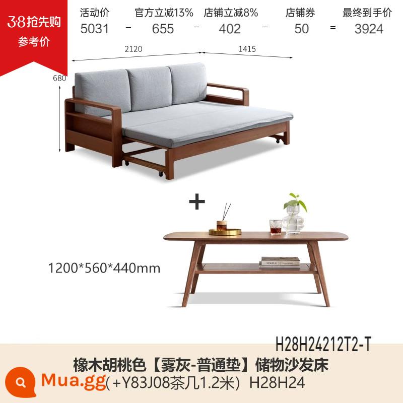 Genji Muyu tất cả các giường sofa gỗ nguyên khối gấp đôi sử dụng đơn giản, hiện đại đa chức năng có thể thu vào giường sofa lưu trữ phòng khách - Gỗ óc chó màu sồi 2,12m (xám mờ/đệm xốp) + Bàn cà phê 1,2m (Y83J08) H28H24