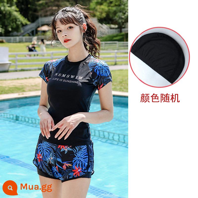 Áo tắm thể thao nữ hai mảnh bộ hai mảnh bảo thủ quần boxer Hàn Quốc Xiaoqingfeng học sinh suối nước nóng bơi phù hợp với - Màu đen: áo tắm + mũ bơi