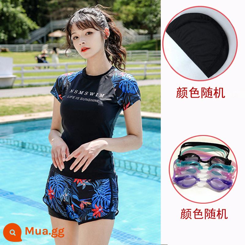 Áo tắm thể thao nữ hai mảnh bộ hai mảnh bảo thủ quần boxer Hàn Quốc Xiaoqingfeng học sinh suối nước nóng bơi phù hợp với - Màu đen: áo tắm + mũ bơi + kính bơi