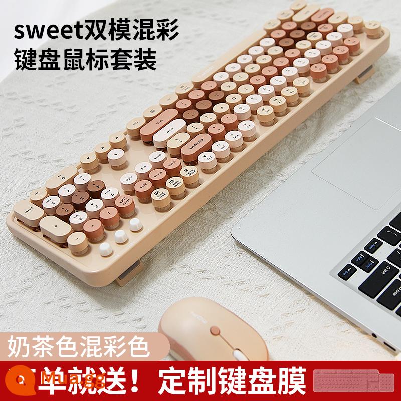 Đu Quay Tay Bộ Bàn Phím Và Chuột Không Dây Tròn Retro Keycap Bé Gái Màu Hồng Dễ Thương Máy Tính Xách Tay Máy Tính Để Bàn USB - Trà sữa màu Bluetooth + Bộ không dây chế độ kép 2.4G, thảm trải bàn lớn miễn phí, màng + pin miễn phí