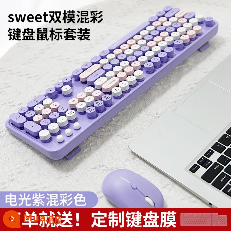 Đu Quay Tay Bộ Bàn Phím Và Chuột Không Dây Tròn Retro Keycap Bé Gái Màu Hồng Dễ Thương Máy Tính Xách Tay Máy Tính Để Bàn USB - Bluetooth màu tím oải hương + Bộ không dây chế độ kép 2.4G, thảm trải bàn lớn miễn phí, màng + pin miễn phí