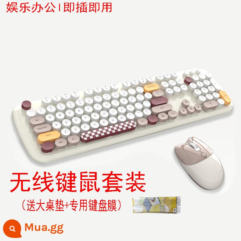 Đu Quay Tay Bộ Bàn Phím Và Chuột Không Dây Tròn Retro Keycap Bé Gái Màu Hồng Dễ Thương Máy Tính Xách Tay Máy Tính Để Bàn USB - [Trà sữa trắng nhạt phối màu] Tặng kèm thảm trải bàn lớn, tặng kèm màng + pin