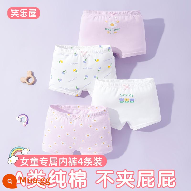 Quần lót boxer cotton nguyên chất cho bé gái bé gái không kẹp xì hơi bé trai lớn quần đùi bé gái bé gái kho báu bằng cotton 100% - Bông nguyên chất loại A-Hoa tím góc vuông 4 dải pn403