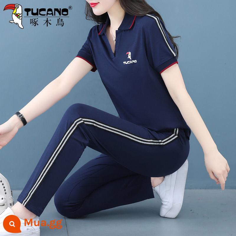 Bộ quần áo thể thao chim gõ kiến cotton mùa hè 2023 mới thời trang phong cách phương Tây cho người trung niên quần áo chạy bộ - xanh đậm