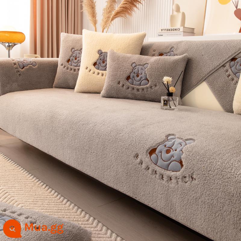 Mùa Đông Thịt Cừu Nhung Sofa Đệm Dày Sang Trọng Đệm Bọc Ghế Sofa Da Cao Cấp Hoạt Hình Đơn Giản Phong Cách Mùa Đông - Gấu Vui Vẻ-Xám