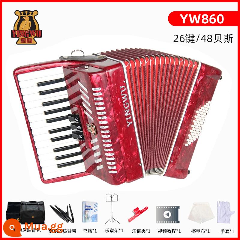 Vẹt đàn accordion nhạc cụ người lớn mới bắt đầu chuyên nghiệp 60/96/120 trẻ em 48 bass chơi đàn accordion - [48 bass 26 phím] Rượu vang đỏ YW860 + gói quà