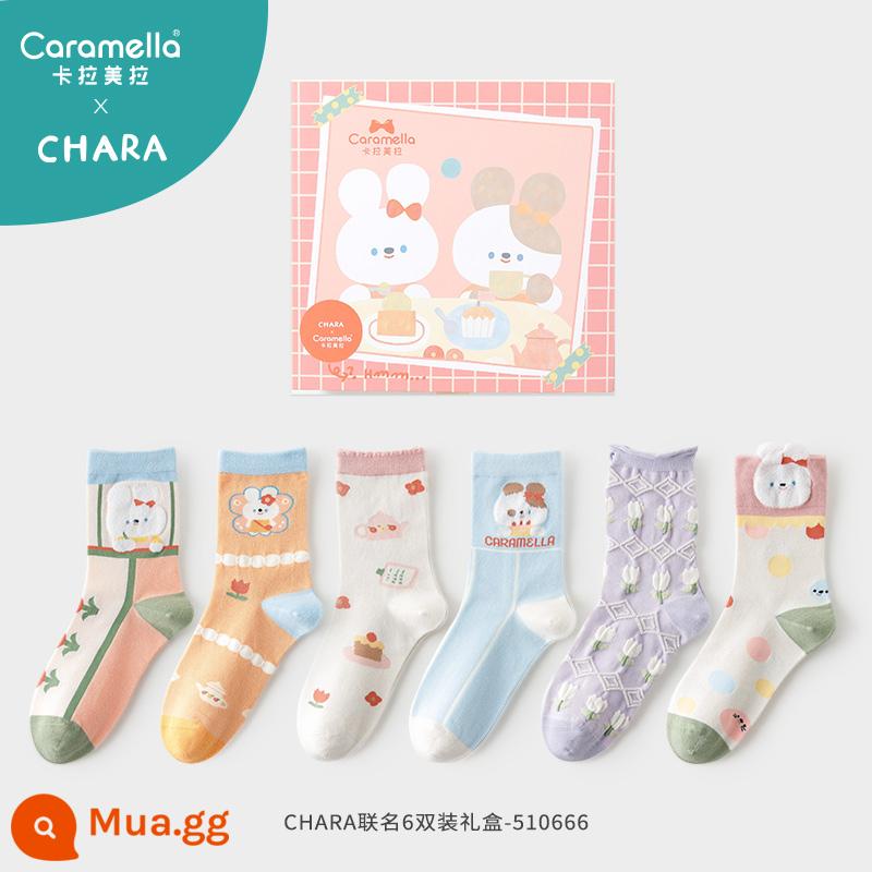 Caramella chung hộp quà vớ nữ ống vừa và ngắn cotton nguyên chất áo khoác ngoài dễ thương mùa xuân vớ cotton ống vừa mùa xuân và mùa thu - Hộp quà tặng đồng thương hiệu CHARA