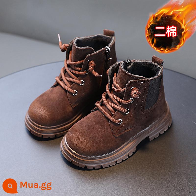 Bộ mã bị hỏng giải phóng mặt bằng trẻ em Boot Boy Boy Boy Booth Boots dày 3-7 trẻ em thêm giày cotton phía tây mùa đông chống trượt 9 - Màu nâu sẫm/JY188 cộng với nhung