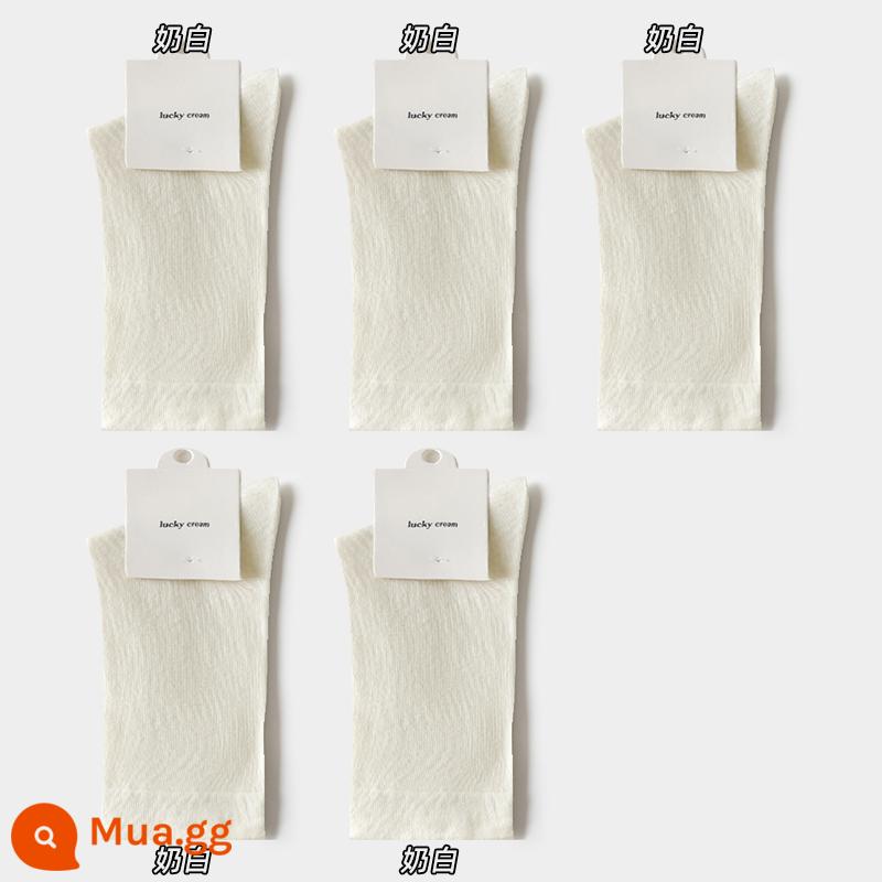 Vớ bong bóng màu trắng vớ ống giữa của phụ nữ cotton nguyên chất ins thủy triều mùa xuân và mùa thu vớ không xương màu đen mùa hè mỏng phần giam vớ - Sữa trắng*5