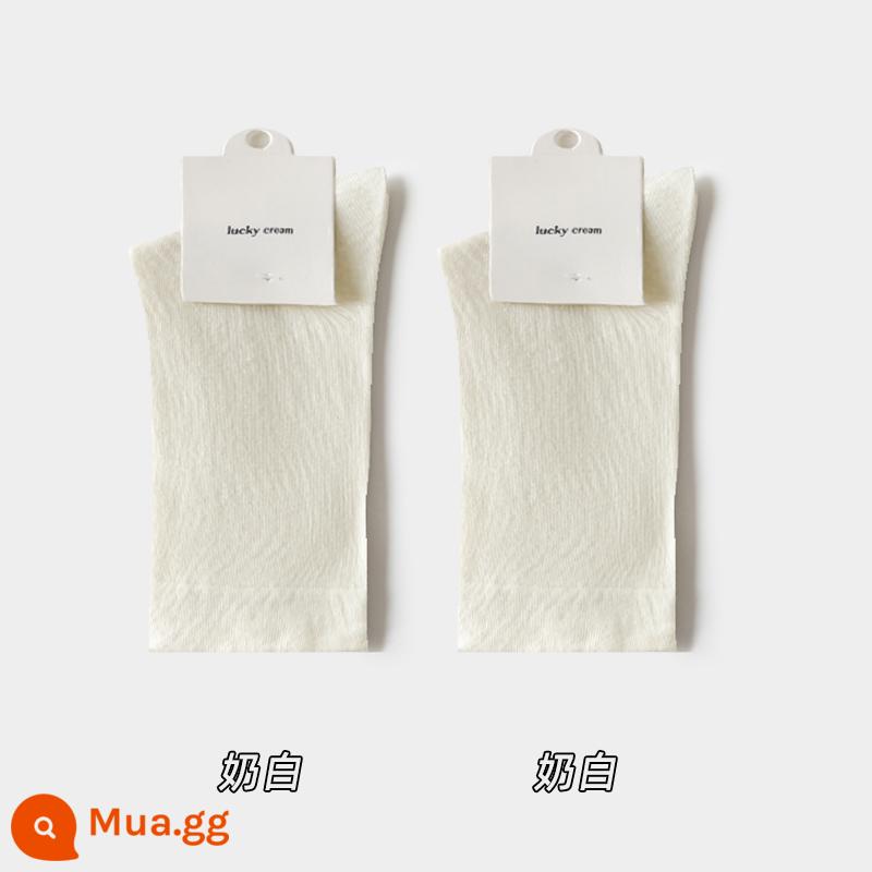 Vớ bong bóng màu trắng vớ ống giữa của phụ nữ cotton nguyên chất ins thủy triều mùa xuân và mùa thu vớ không xương màu đen mùa hè mỏng phần giam vớ - Sữa trắng*2