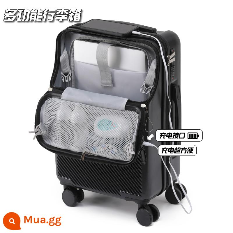 Mặt trước mới mở mật khẩu lên máy bay vali nữ nhỏ 20 inch xe đẩy nhẹ vali 24 vali bé trai - Màu đen "Có cổng sạc USB+Type-c"