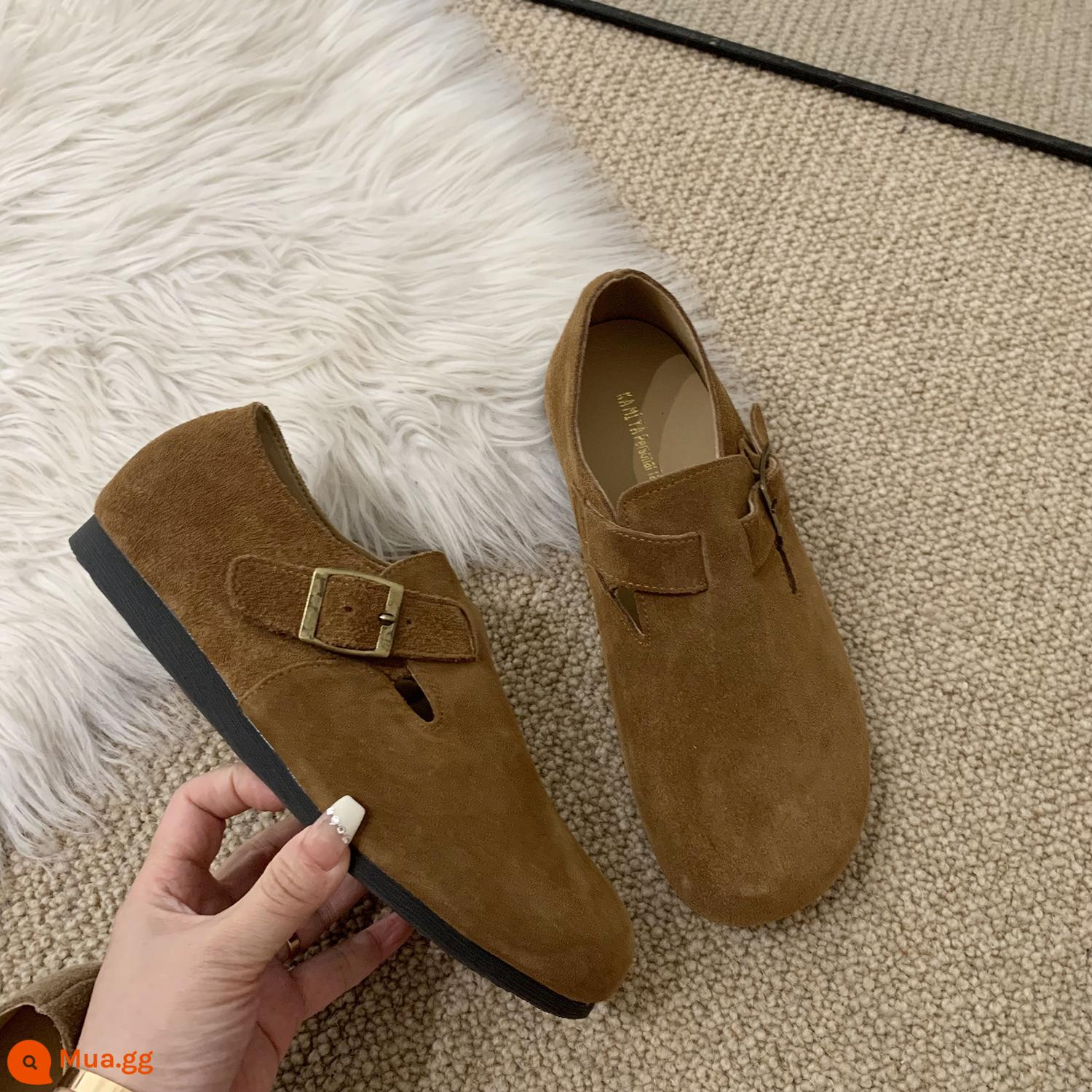 Giày Lông Plus Nhung Giày Đơn Nữ Thu Đông 2022 Doudou Giày Slip-On Cho Nữ Da Thật Ấm Áp Birken Giày Cotton - Danli nâu hạt dẻ