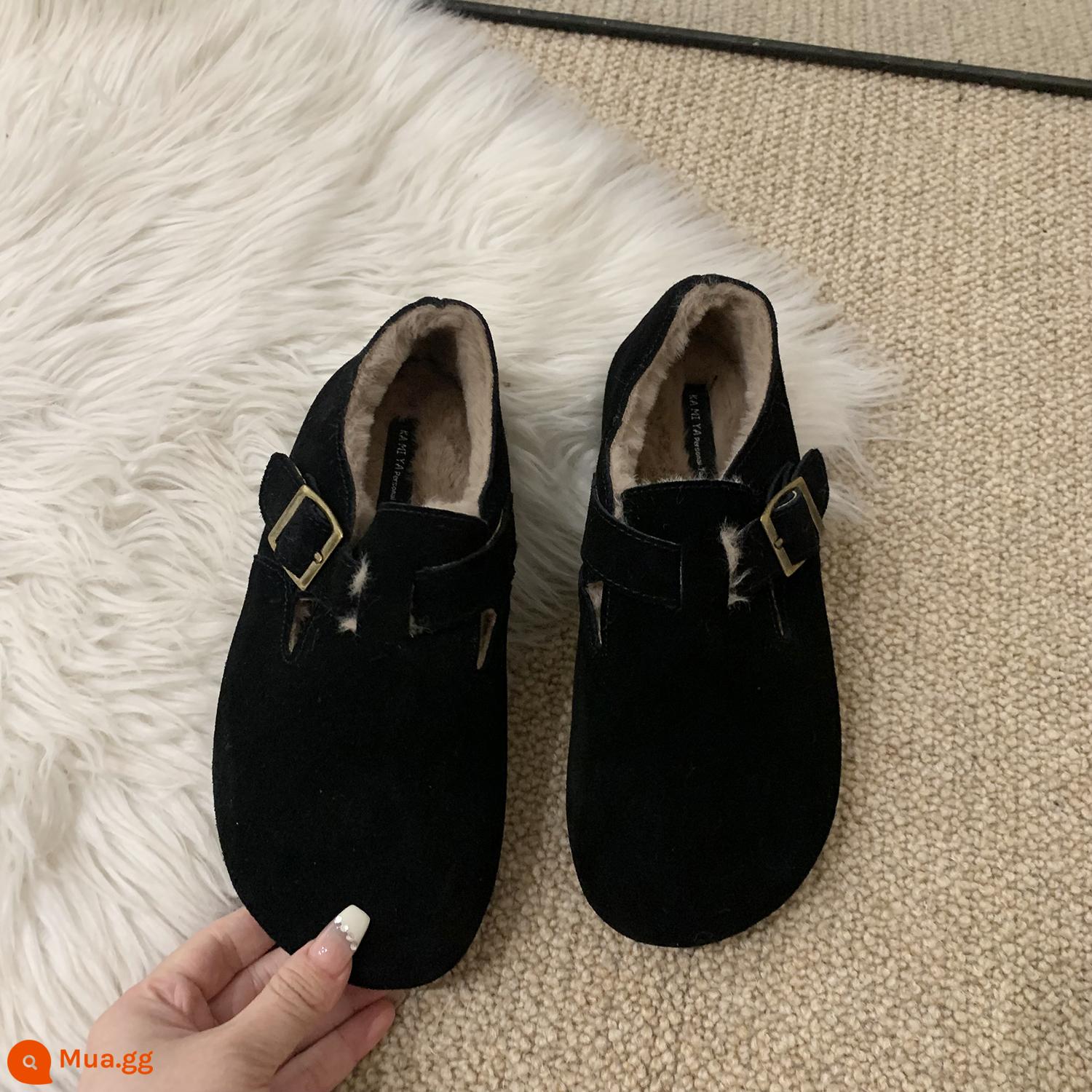 Giày Lông Plus Nhung Giày Đơn Nữ Thu Đông 2022 Doudou Giày Slip-On Cho Nữ Da Thật Ấm Áp Birken Giày Cotton - Đen [sang trọng]